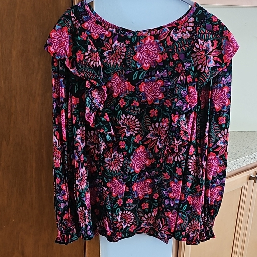 Floral Print Women's Top - Multicolor- with shoulder ruffles